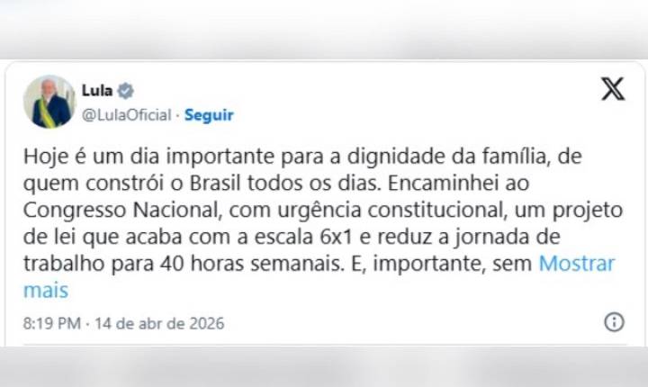 Escala 6×1: PL de Lula prevê máximo de 40h por semana e 8h por dia