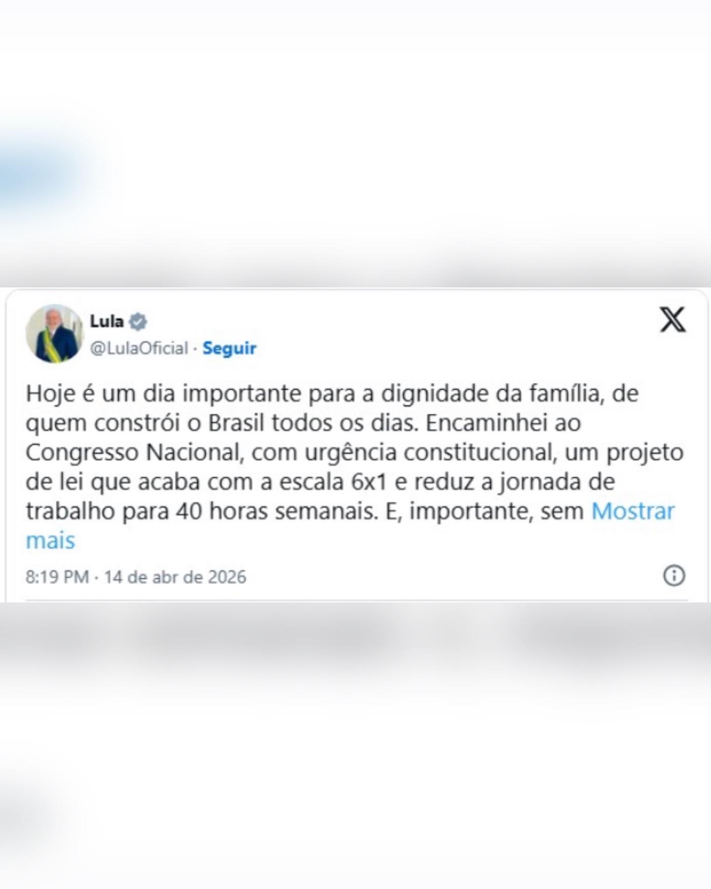 Escala 6×1: PL de Lula prevê máximo de 40h por semana e 8h por dia